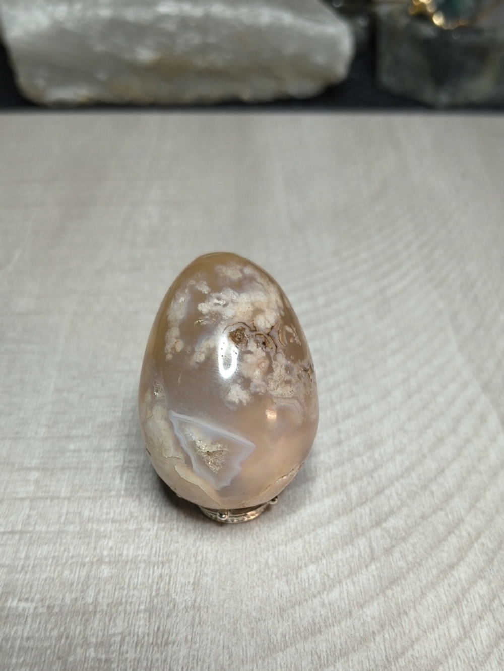 #59 Natural Flower Agate Egg Carving 1.93" Polished Crystal with UV & Druzy